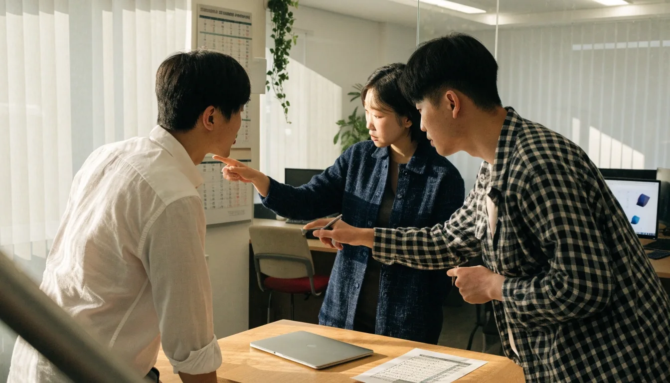 정오 빛이 드는 사무실 층에서 대화 중인 두 사람의 뒷모습